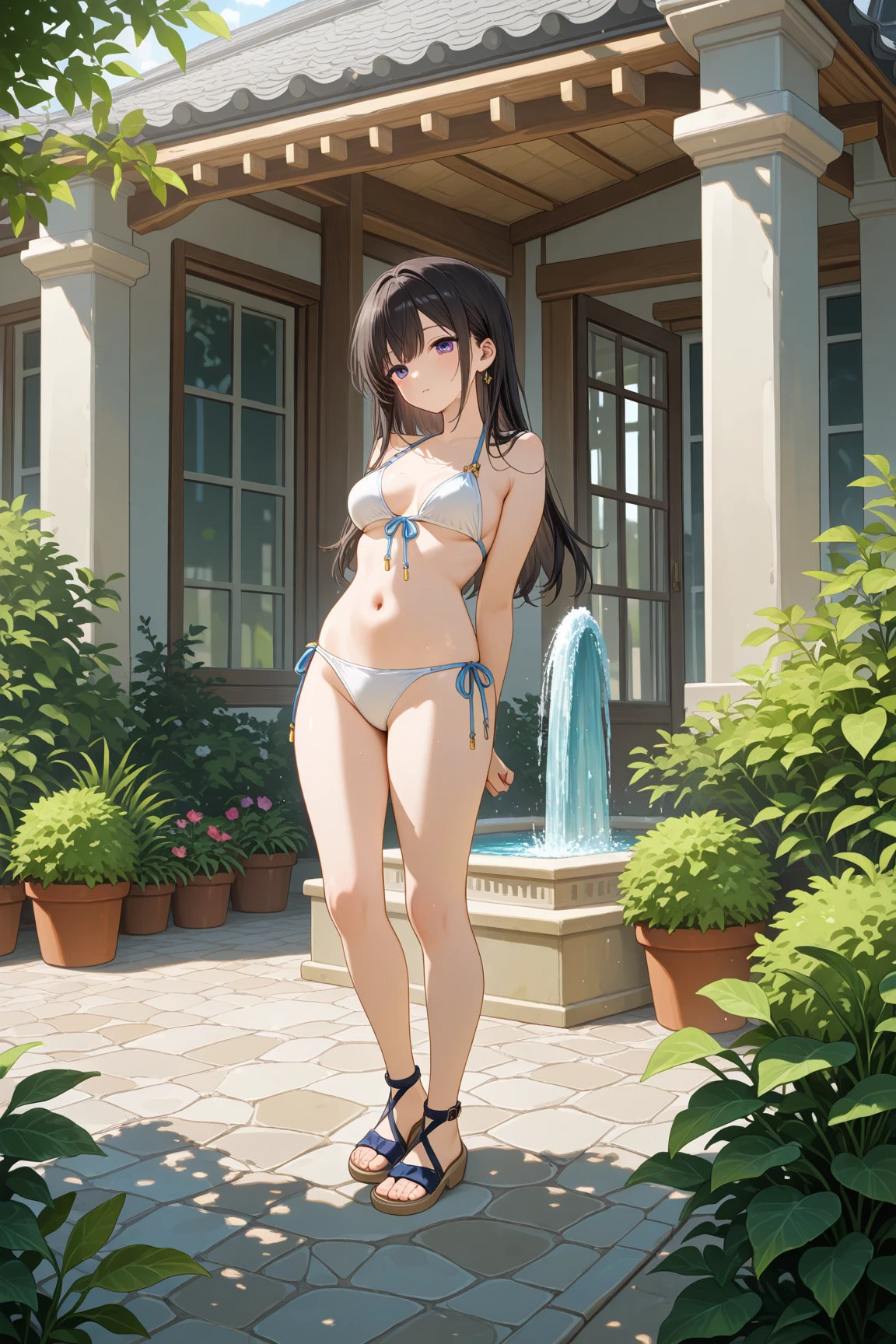 ,is recommended to be in a park or square, A sense of relaxation and relaxation. Her long , The dark hair layered on her shoulders, The atmosphere is vibrant and warm. The sun illuminates her shape, Wear a light bikini,with green trees on both sides. In the background , 提供了一种活泼的感觉. , you can see people hanging out, and The urban architecture of nearby buildings creates a natural contrast {x} and other public places project subtle shadows that enhance the texture in her clothing. A lush, The road, A gently cascading fountain adds vivacity to the scene. evokes a scene of, It indicates a sunny day, probably in summer. In addition to the refreshing atmosphere, ,Amidst the gentle hustle and bustle of the surroundings,A young woman standing confidently outdoors.
