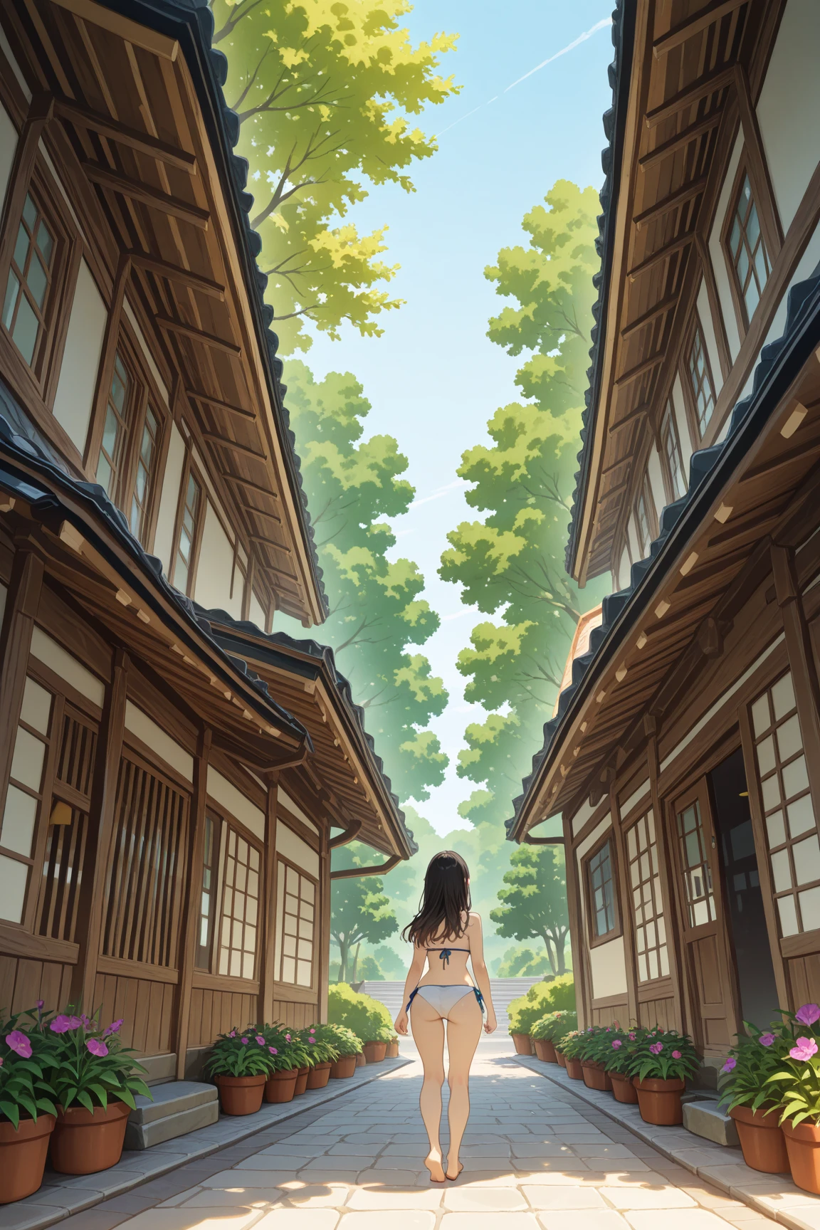 ,is recommended to be in a park or square, A sense of relaxation and relaxation. Her long , The dark hair layered on her shoulders, The atmosphere is vibrant and warm. The sun illuminates her shape, Wear a light bikini,with green trees on both sides. In the background , 提供了一种活泼的感觉. , you can see people hanging out, and The urban architecture of nearby buildings creates a natural contrast {x} and other public places project subtle shadows that enhance the texture in her clothing. A lush, The road, A gently cascading fountain adds vivacity to the scene. evokes a scene of, It indicates a sunny day, probably in summer. In addition to the refreshing atmosphere, ,Amidst the gentle hustle and bustle of the surroundings,A young woman standing confidently outdoors.