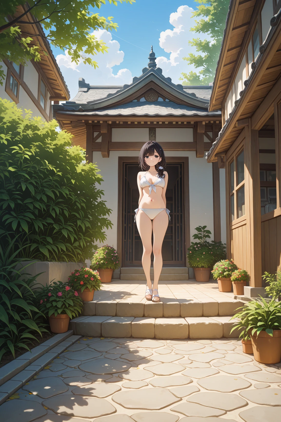 ,is recommended to be in a park or square, A sense of relaxation and relaxation. Her long , The dark hair layered on her shoulders, The atmosphere is vibrant and warm. The sun illuminates her shape, Wear a light bikini,with green trees on both sides. In the background , 提供了一种活泼的感觉. , you can see people hanging out, and The urban architecture of nearby buildings creates a natural contrast {x} and other public places project subtle shadows that enhance the texture in her clothing. A lush, The road, A gently cascading fountain adds vivacity to the scene. evokes a scene of, It indicates a sunny day, probably in summer. In addition to the refreshing atmosphere, ,Amidst the gentle hustle and bustle of the surroundings,A young woman standing confidently outdoors.