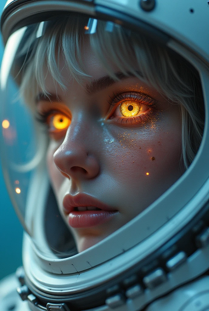 (Close-up of a masterpiece:1.5)0.9]，(Space and astronauts:1.2) (Messy silver hair:1.1) (Heterochromia yellow blue eyes:1.2) (Casque spatial:1.0) (Colorful stars in the eyes:1.0) (Dazzling light:1.1) (Thick lip:0.9)
