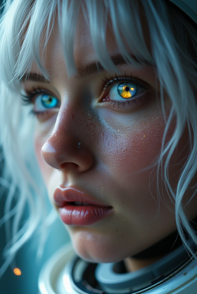 (Close-up of a masterpiece:1.5)0.9]，(Space and astronauts:1.2) (Messy silver hair:1.1) (Heterochromia yellow blue eyes:1.2) (Casque spatial:1.0) (Colorful stars in the eyes:1.0) (Dazzling light:1.1) (Thick lip:0.9)