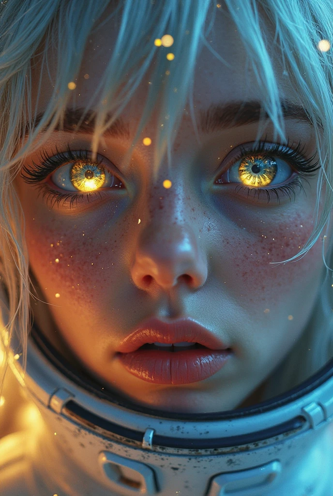 ( Masterpiece close-up :1.5)0.9]，( Space and astronauts :1.2) (Messy silver hair:1.1) ( Different yellow and blue eyes:1.2) ( Casque spatial :1.0) ( colorful stars in the eyes :1.0) ( Dazzling light :1.1) (Thick lip :0.9)
