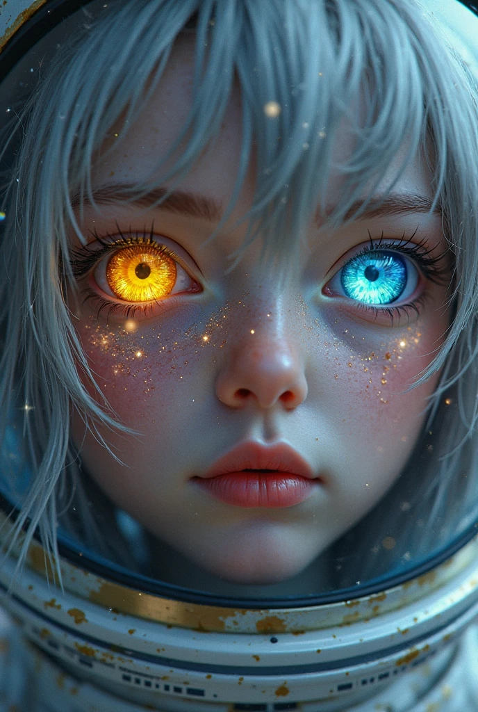 ( Masterpiece close-up :1.5)0.9]，( Space and astronauts :1.2) (Messy silver hair:1.1) ( Different yellow and blue eyes:1.2) ( Casque spatial :1.0) ( colorful stars in the eyes :1.0) ( Dazzling light :1.1) (Thick lip :0.9)
