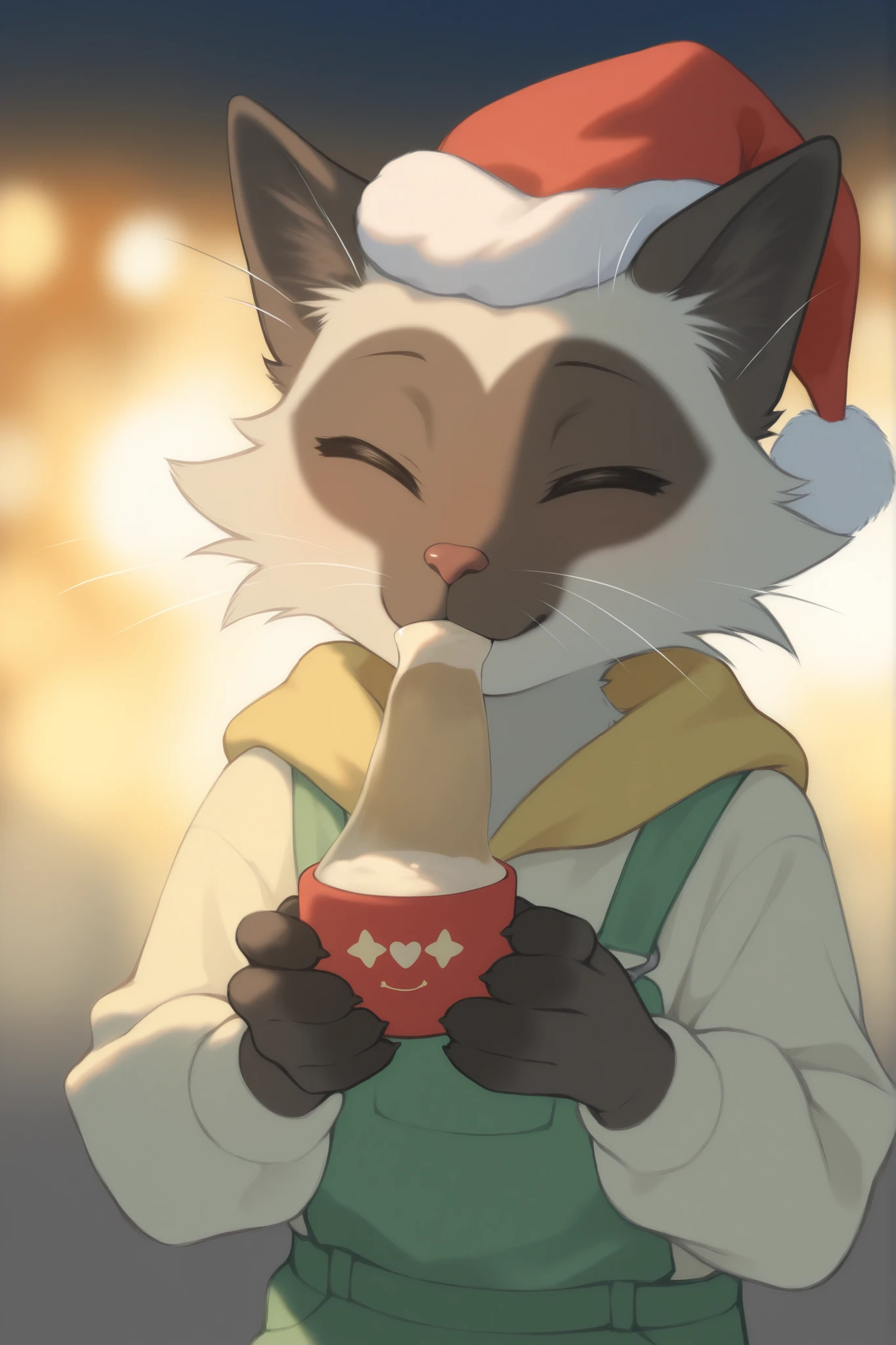 Gently drinking with both hands, A little Siamese kitten,The fur is milky white,with dark spots on the ears, the face, and the claws can sleep peacefully. The kitten's eyes are closed, ,Its small nose is hidden in the soft fur around the muzzle, exudes a sense of serene satisfaction. {x} The nose is hidden in the soft fur around the muzzle {x} to focus entirely on the adorable {x} perch that creates comfort On its head is a miniature red and white Santa hat, Adding a whimsical touch to the picture, Festive atmosphere. The soft, Warm lighting, also has an intimate vibe. background out of focus, It perfectly captures the essence of a peaceful vacation time, The feline with care. The overall mood is warm and happy, perfectly captures the essence of a peaceful vacation.
