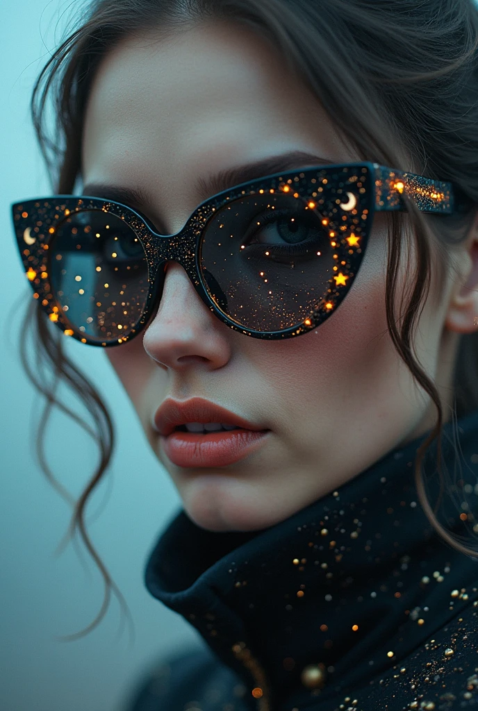 Model wearing glass sunglasses,There are stars and moon on the lens