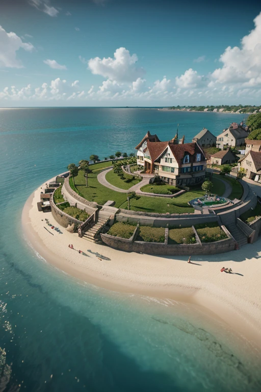 A fantasy seaside village painting in Kawacy style, rendered in cinema4d, globular, Accurate nautical details, Creative character design, Whimsical cartoon style, 32k Ultra HD--ar 2:1