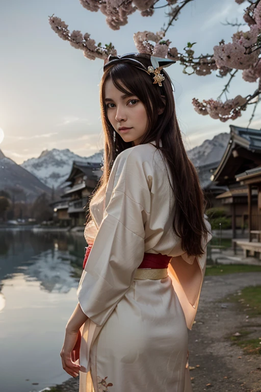 Asuna, masterpiece , best quality, detailed, (1girl), alone, detailed golden eyes, long hair, perpual, See it up close , (detailed kimono), faint smile in the middle , intermediates , ( Hand Back), Eau, the setting sun, (head gear), (Sakura blossoms), in the background is a snow-covered alpine lake