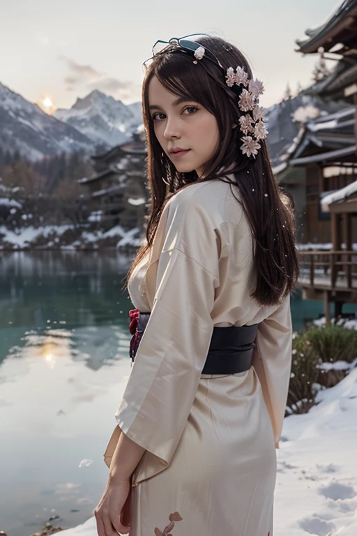 Asuna, masterpiece , best quality, detailed, (1girl), alone, detailed golden eyes, long hair, perpual, See it up close , (detailed kimono), faint smile in the middle , intermediates , ( Hand Back), Eau, the setting sun, (head gear), (Sakura blossoms), in the background is a snow-covered alpine lake