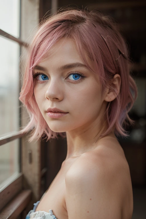 high resolution, masterpiece,Michon Shikisen, pink hair, alone, 1girl,External, Detailed background, Meticulous eyes , ((Blue Eyes))