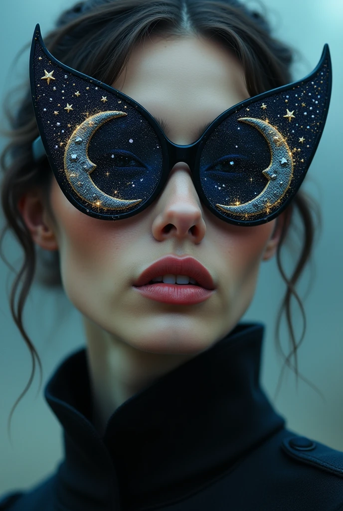 Model wearing glass sunglasses,There are stars and moon on the lens