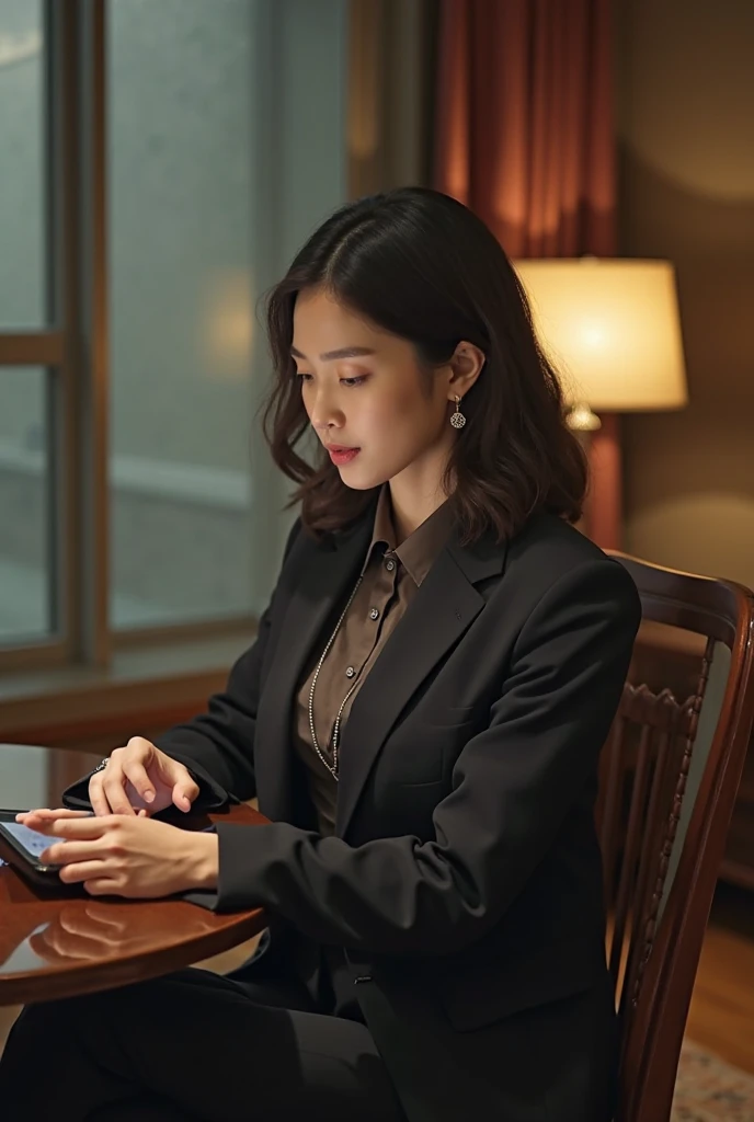 A lady in a suit using a tablet in her room, service, Seon Yun-joo, still from live action , Park Shin-hye plays a supervillain, full device, using a magical tablet,  iu Lee Ji Eun as a supervillain , Side posture, [  Photorealistic photos  ]!!, shin min jeong, Serious Things, Lazy, Elegant appearance