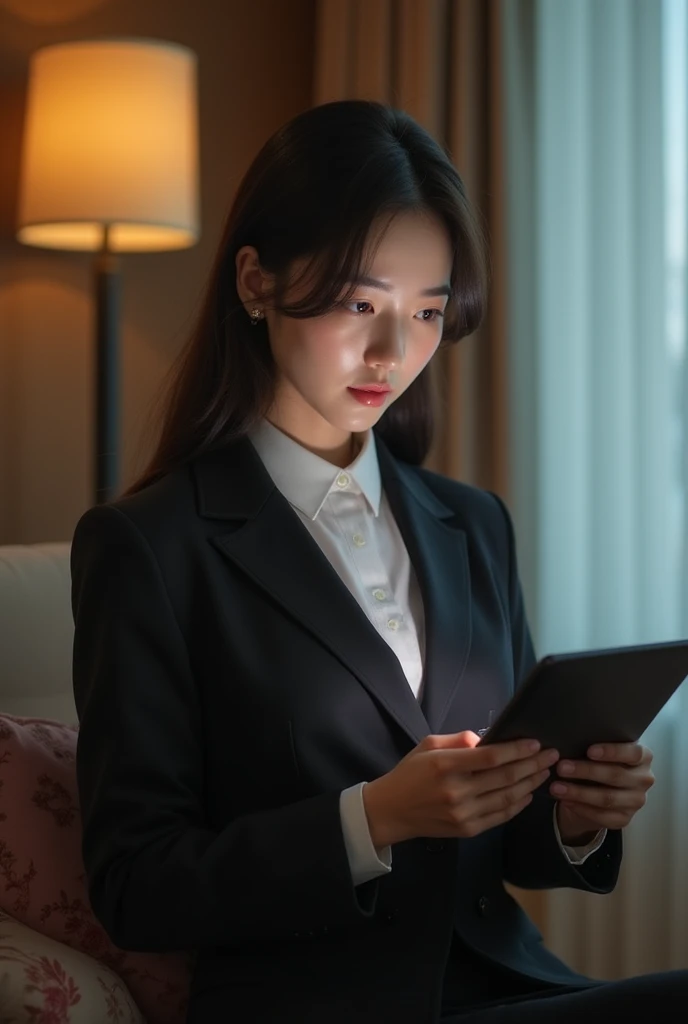 A lady in a suit using a tablet in her room, service, Seon Yun-joo, still from live action , Park Shin-hye plays a supervillain, full device, using a magical tablet,  iu Lee Ji Eun as a supervillain , Side posture, [  Photorealistic photos  ]!!, shin min jeong, Serious Things, Lazy, Elegant appearance