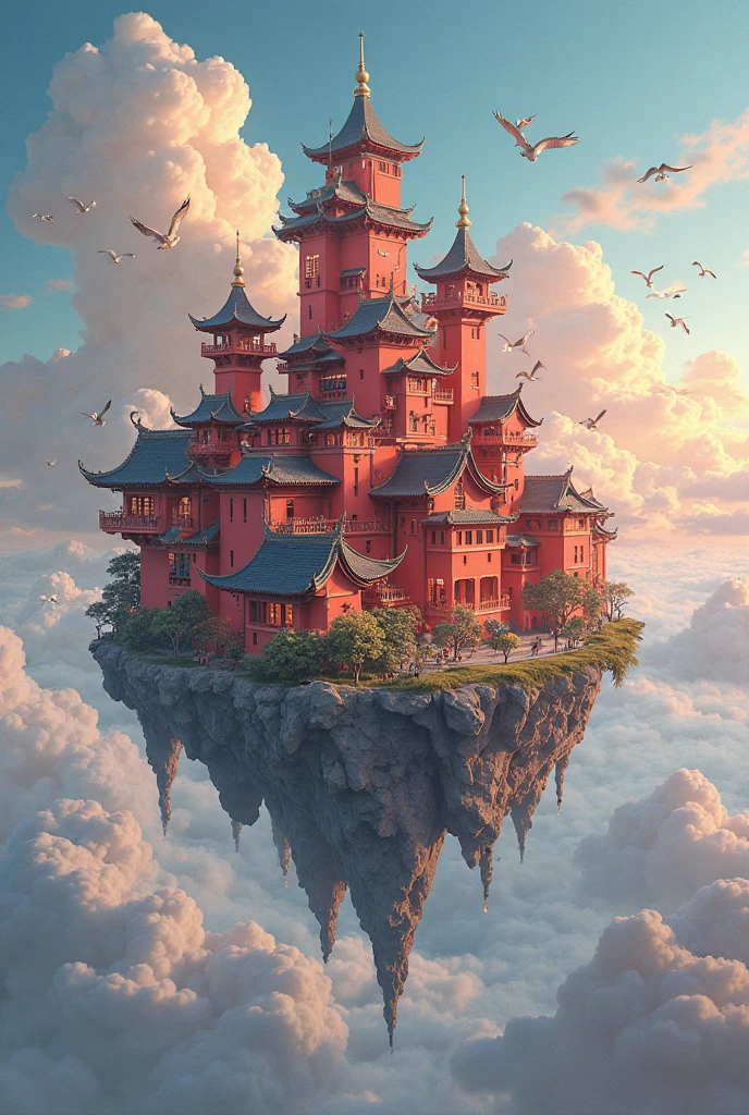 colours (fanciful: 1.2), ( Traditional Chinese Style ), ( Irregular Red Buildings Floating in the Clouds), Patchwork cottage , floral decorations , lamp lights, Andreas Rocha style conceptual art, Artstation Contest Winners , fanciful art, ( Castle in the Sky ), Chen Luo, Axis , Realistic Lighting, masterpiece, high high quality, beautiful graphics , High detail , masterpiece, high high quality, beautiful graphics , High detail , , ( Seabirds Flying in the Sky )