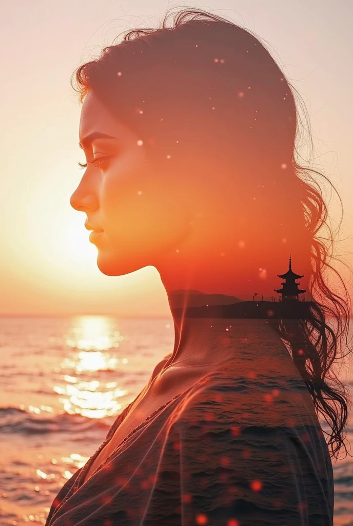 high quality,8k ultra high definition,美丽的Doubleexposure,Combining the silhouette of the goddess with the sunset coast, sunset coast should be used as the bottom background,Details are integrated into the silhouette of the goddess,Clear lines,The background is a monochromatic ,Focus sharp,Doubleexposure,Created by yukisakura,Gorgeous full color
