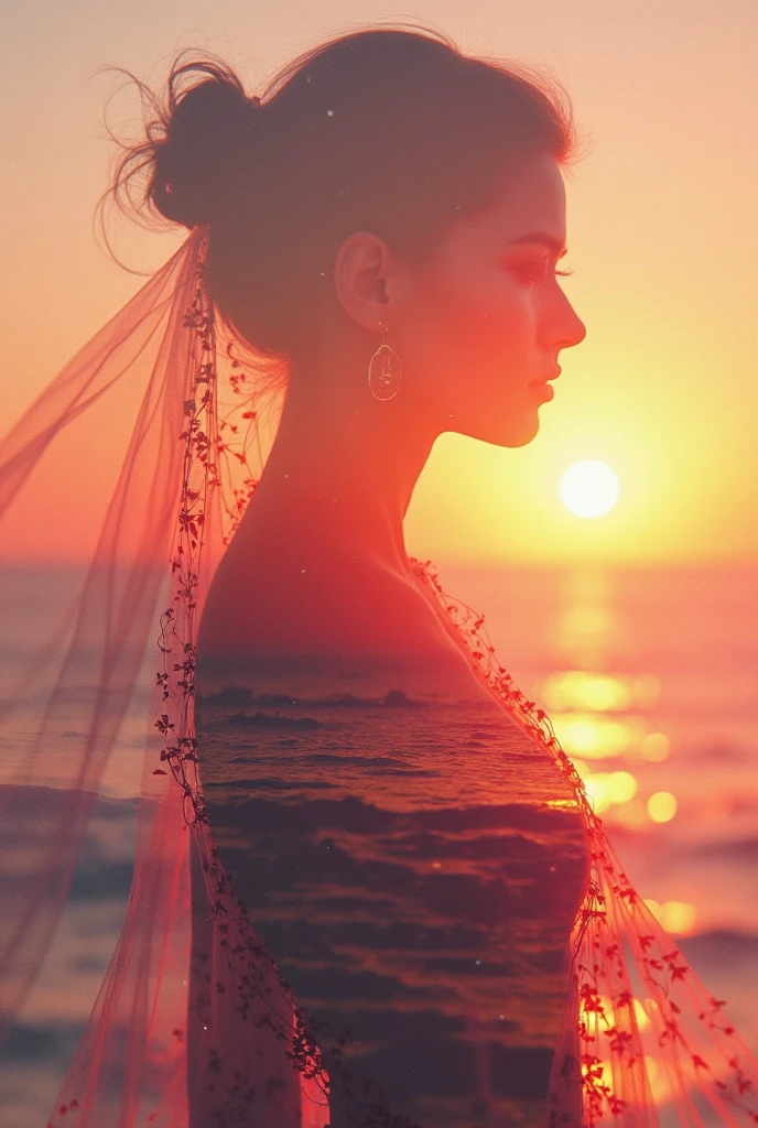 high quality,8k ultra high definition,美丽的Doubleexposure,Combining the silhouette of the goddess with the sunset coast, sunset coast should be used as the bottom background,Details are integrated into the silhouette of the goddess,Clear lines,The background is a monochromatic ,Focus sharp,Doubleexposure,Created by yukisakura,Gorgeous full color