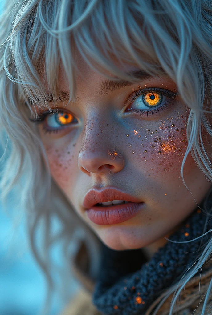 (Close-up of a masterpiece:1.5)0.9]，(Space and astronauts:1.2) (Messy silver hair:1.1) (Heterochromia yellow blue eyes:1.2) (Casque spatial:1.0) (Colorful stars in the eyes:1.0) (Dazzling light:1.1) (Thick lip:0.9)