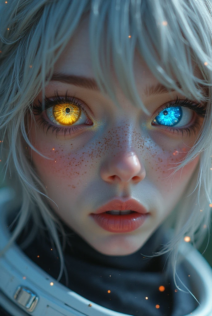 (Close-up of a masterpiece:1.5)0.9]，(Space and astronauts:1.2) (Messy silver hair:1.1) (Heterochromia yellow blue eyes:1.2) (Casque spatial:1.0) (Colorful stars in the eyes:1.0) (Dazzling light:1.1) (Thick lip:0.9)