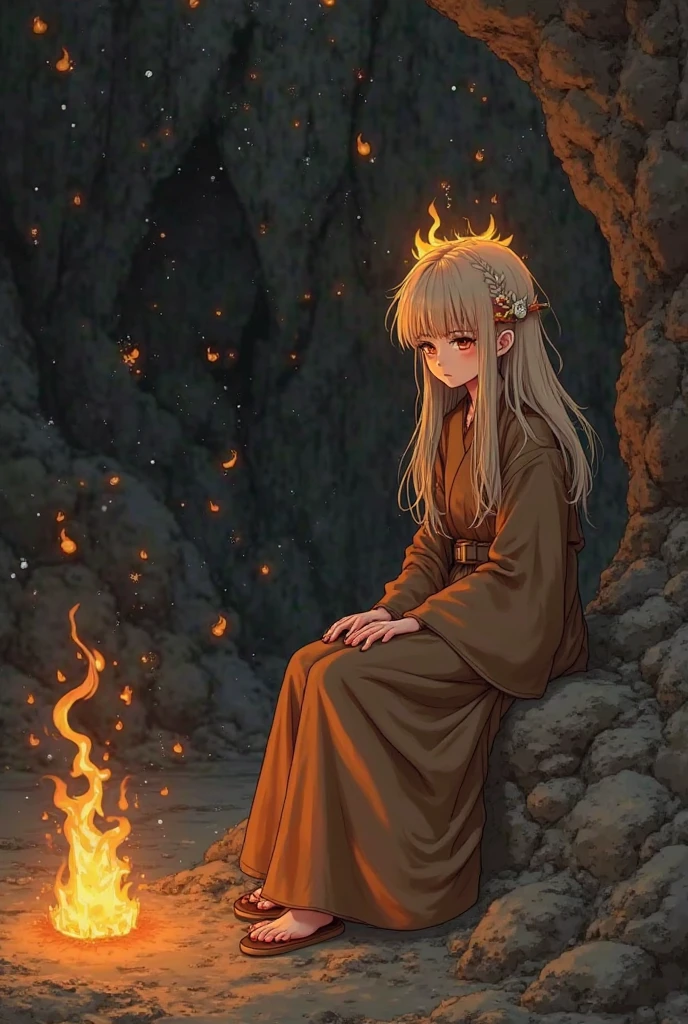 (, masterpiece), (1 girl , solitude,Brown robe, expression face, Look elsewhere , Seats, Wide sleeves, 黑The eye, shut up, ribbon-like flames on the head , long hair, cow boy shot), (Mono Color, the night sky at the entrance to the cave , The light rises from the bottom , In the cave , floating white particles, Flames burning at hand , Many small flames are suspended ),