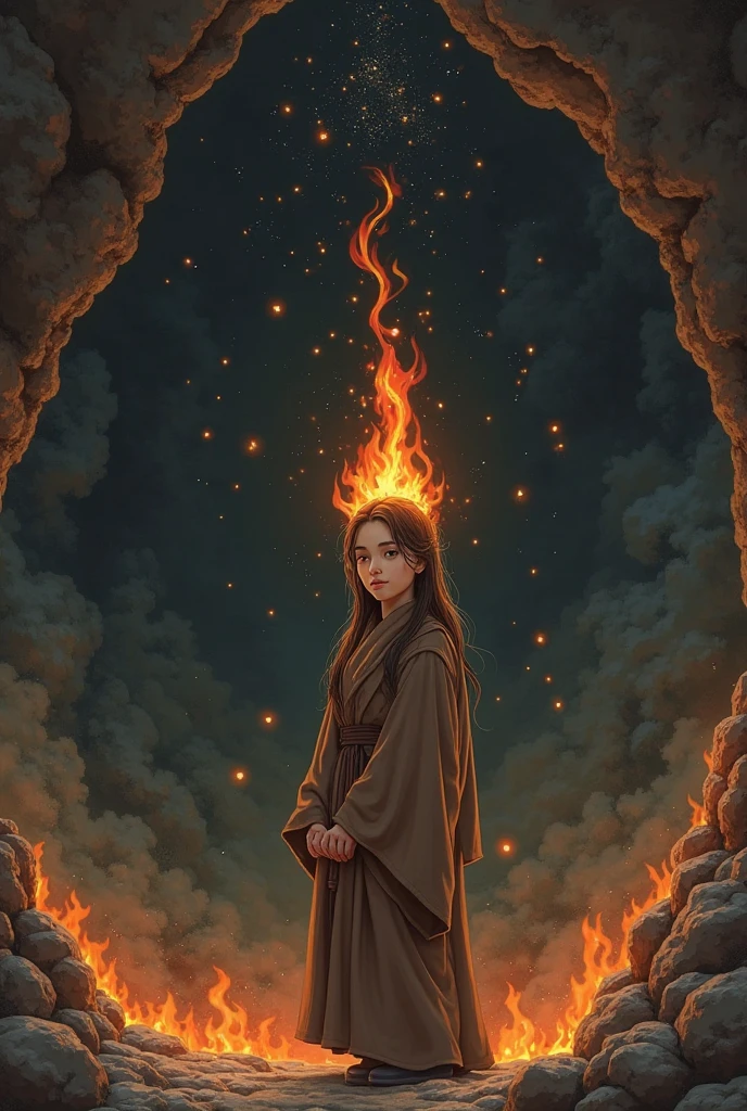 (, masterpiece), (1 girl , solitude,Brown robe, expression face, Look elsewhere , Seats, Wide sleeves, 黑The eye, shut up, ribbon-like flames on the head , long hair, cow boy shot), (Mono Color, the night sky at the entrance to the cave , The light rises from the bottom , In the cave , floating white particles, Flames burning at hand , Many small flames are suspended ),