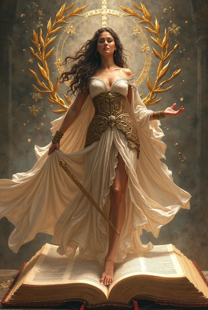 One open《bible》Proverbs chapter 31, ,A flowing woman in a warrior costume rises from the pages of a book, ,embodies noble character,Surrounded by symbols of elegance and strength
