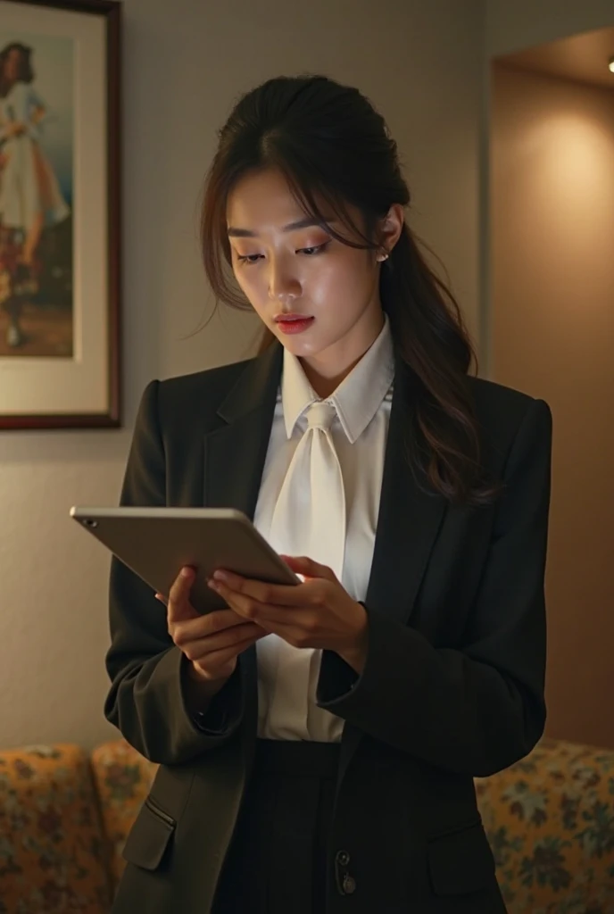 A lady in a suit using a tablet in her room, service, Seon Yun-joo, still from live action , Park Shin-hye plays a supervillain, full device, using a magical tablet,  iu Lee Ji Eun as a supervillain , Side posture, [  Photorealistic photos  ]!!, shin min jeong, Serious Things, Lazy, Elegant appearance