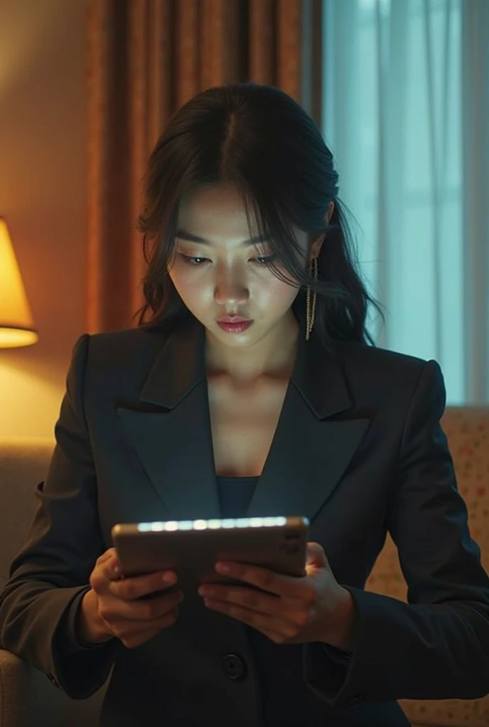 A lady in a suit using a tablet in her room, service, Seon Yun-joo, still from live action , Park Shin-hye plays a supervillain, full device, using a magical tablet,  iu Lee Ji Eun as a supervillain , Side posture, [  Photorealistic photos  ]!!, shin min jeong, Serious Things, Lazy, Elegant appearance