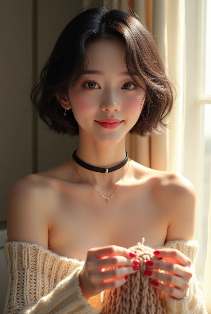 PremiumQuality, masterpiece, Ultra High Resolution, Realistis, 1 girl , Off-the-shoulder, knitting, Smile , Smile , The are slightly visible, Extra large size _Sweaters, soft lighting, delicate skin, By bangs, hair, Clear eyes, 短鲍勃hair型, transparency, jpn, korean people, beautiful woman , Above the eyes, Gloss on lips, thick black necklace , tear drops, Mole on the chest, has a highlight in the eye