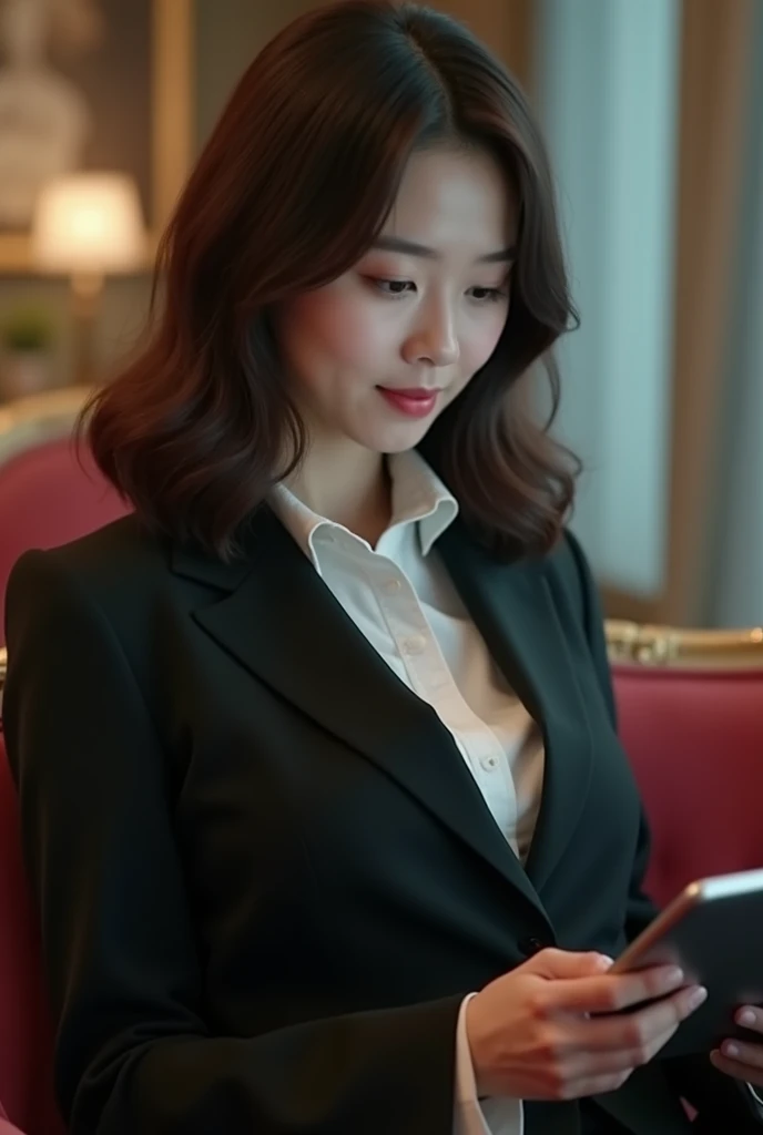 A lady in a suit using a tablet in her room, service, Seon Yun-joo, still from live action , Park Shin-hye plays a supervillain, full device, using a magical tablet,  iu Lee Ji Eun as a supervillain , Side posture, [  Photorealistic photos  ]!!, shin min jeong, Serious Things, Lazy, Elegant appearance