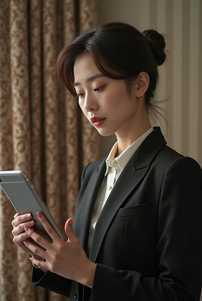 A lady in a suit using a tablet in her room, service, Seon Yun-joo, still from live action , Park Shin-hye plays a supervillain, full device, using a magical tablet,  iu Lee Ji Eun as a supervillain , Side posture, [  Photorealistic photos  ]!!, shin min jeong, Serious Things, Lazy, Elegant appearance