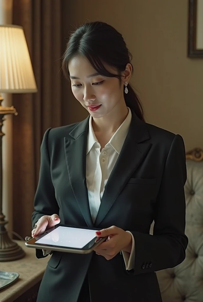 A lady in a suit using a tablet in her room, service, Seon Yun-joo, still from live action , Park Shin-hye plays a supervillain, full device, using a magical tablet,  iu Lee Ji Eun as a supervillain , Side posture, [  Photorealistic photos  ]!!, shin min jeong, Serious Things, Lazy, Elegant appearance
