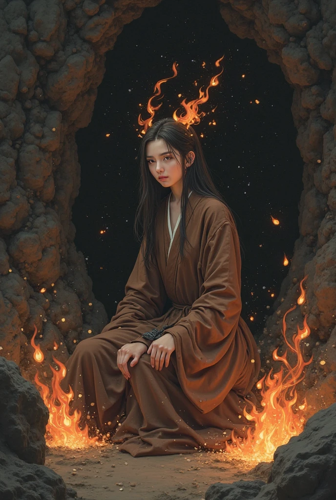 (, masterpiece), (1 girl , solitude,Brown robe, expression face, Look elsewhere , Seats, Wide sleeves, 黑The eye, shut up, ribbon-like flames on the head , long hair, cow boy shot), (Mono Color, the night sky at the entrance to the cave , The light rises from the bottom , In the cave , floating white particles, Flames burning at hand , Many small flames are suspended ),