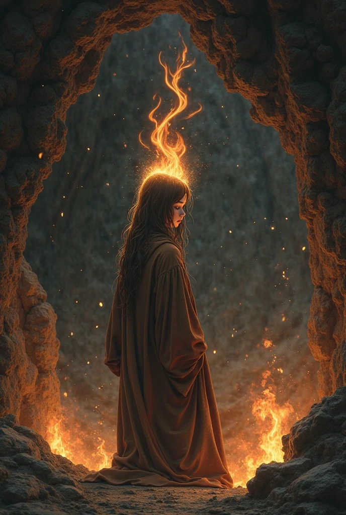(, masterpiece), (1 girl , solitude,Brown robe, expression face, Look elsewhere , Seats, Wide sleeves, 黑The eye, shut up, ribbon-like flames on the head , long hair, cow boy shot), (Mono Color, the night sky at the entrance to the cave , The light rises from the bottom , In the cave , floating white particles, Flames burning at hand , Many small flames are suspended ),