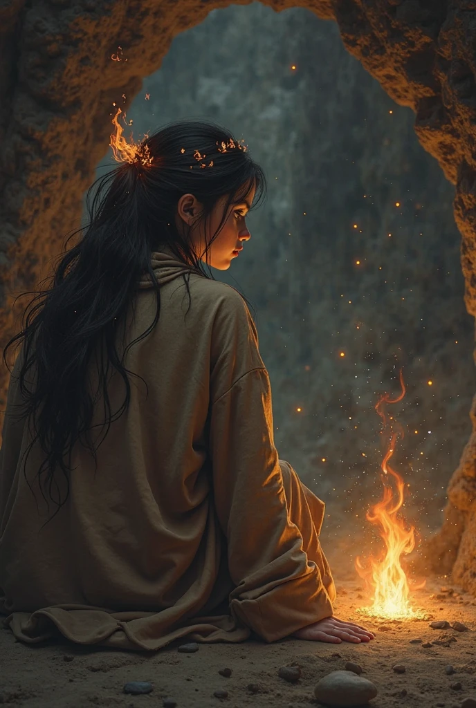 (, masterpiece), (1 girl , solitude,Brown robe, expression face, Look elsewhere , Seats, Wide sleeves, 黑The eye, shut up, ribbon-like flames on the head , long hair, cow boy shot), (Mono Color, the night sky at the entrance to the cave , The light rises from the bottom , In the cave , floating white particles, Flames burning at hand , Many small flames are suspended ),