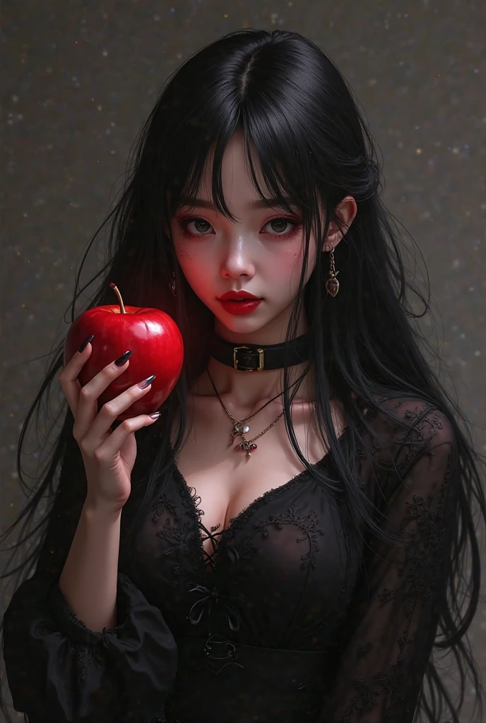 ((RAW photos),Absurd ,(Absurd 分辨率)),masterpiece,Best quality,(extremely detailed 8k unity CG wallpaper),(Most Best Illustration),(BEST SHADOW),Realistic lighting,Beautiful and detailed brilliance ,((21yo)),girl,longblackhair,Black Queen,accessories,Hold an apple,Poison apples,Witch Queen,red lipsticks,(((Her photography perspective)))