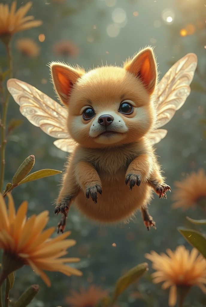 A bee with a puppy head,A lifelike unreal creature,suspended in a magical fantasy scene,Double wing fan,with a body covered with fine fluff,head characteristics are clearly visible,Vivid expression,in a confused natural environment,The light is gentle,Colours are rich and varied,overall presenting a surrealistic art style,Highly Realistic,Exquisite and realistic,8k ultra high definition,HDR effect,professional-grade texture。