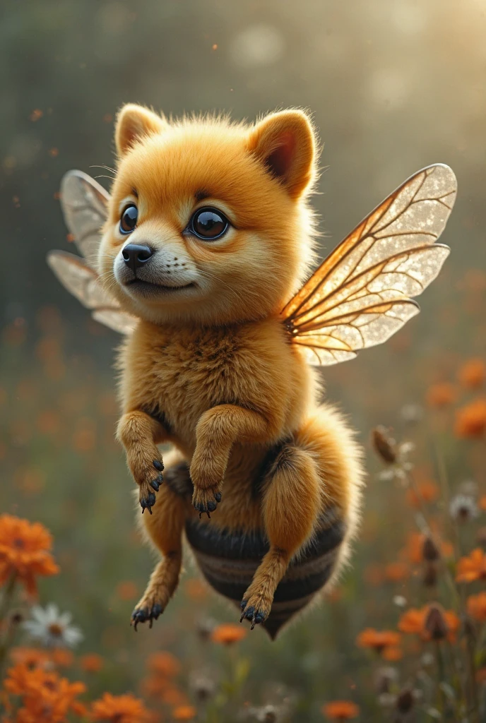 A bee with a puppy head,A lifelike unreal creature,suspended in a magical fantasy scene,Double wing fan,with a body covered with fine fluff,head characteristics are clearly visible,Vivid expression,in a confused natural environment,The light is gentle,Colours are rich and varied,overall presenting a surrealistic art style,Highly Realistic,Exquisite and realistic,8k ultra high definition,HDR effect,professional-grade texture。