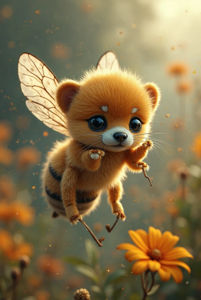 A bee with a puppy head,A lifelike unreal creature,suspended in a magical fantasy scene,Double wing fan,with a body covered with fine fluff,head characteristics are clearly visible,Vivid expression,in a confused natural environment,The light is gentle,Colours are rich and varied,overall presenting a surrealistic art style,Highly Realistic,Exquisite and realistic,8k ultra high definition,HDR effect,professional-grade texture。