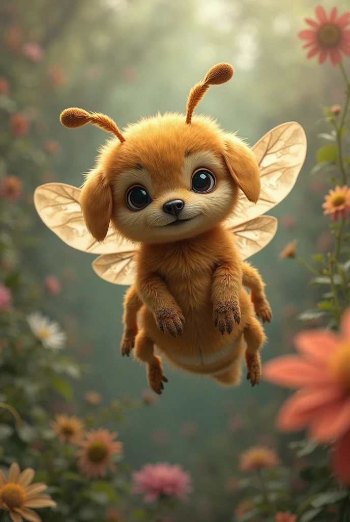 A bee with a puppy head,A lifelike unreal creature,suspended in a magical fantasy scene,Double wing fan,with a body covered with fine fluff,head characteristics are clearly visible,Vivid expression,in a confused natural environment,The light is gentle,Colours are rich and varied,overall presenting a surrealistic art style,Highly Realistic,Exquisite and realistic,8k ultra high definition,HDR effect,professional-grade texture。