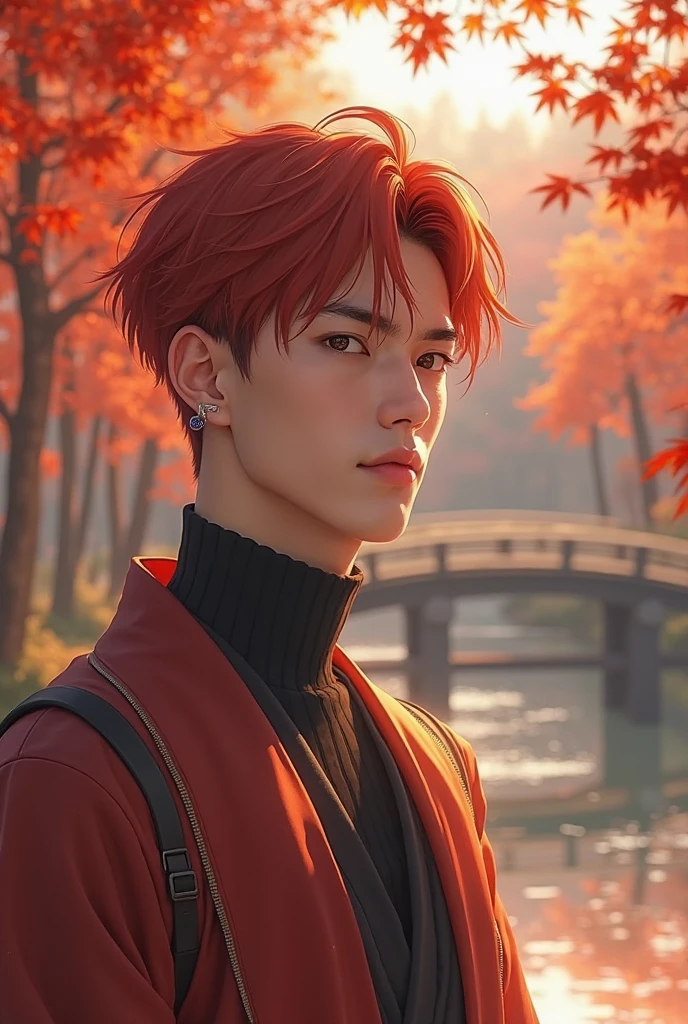 ((masterpiece, best quality)), modernn architecture, Official Art, Unity 8K壁纸, official outfit, Young handsome man , solitude, Perfect Face, Radiant Skin, Shining Student , red hair clips , In the daytime, The background is a flaming maple forest, maple leaves, River side, wood bridges, Aesthetic, (superior _body)