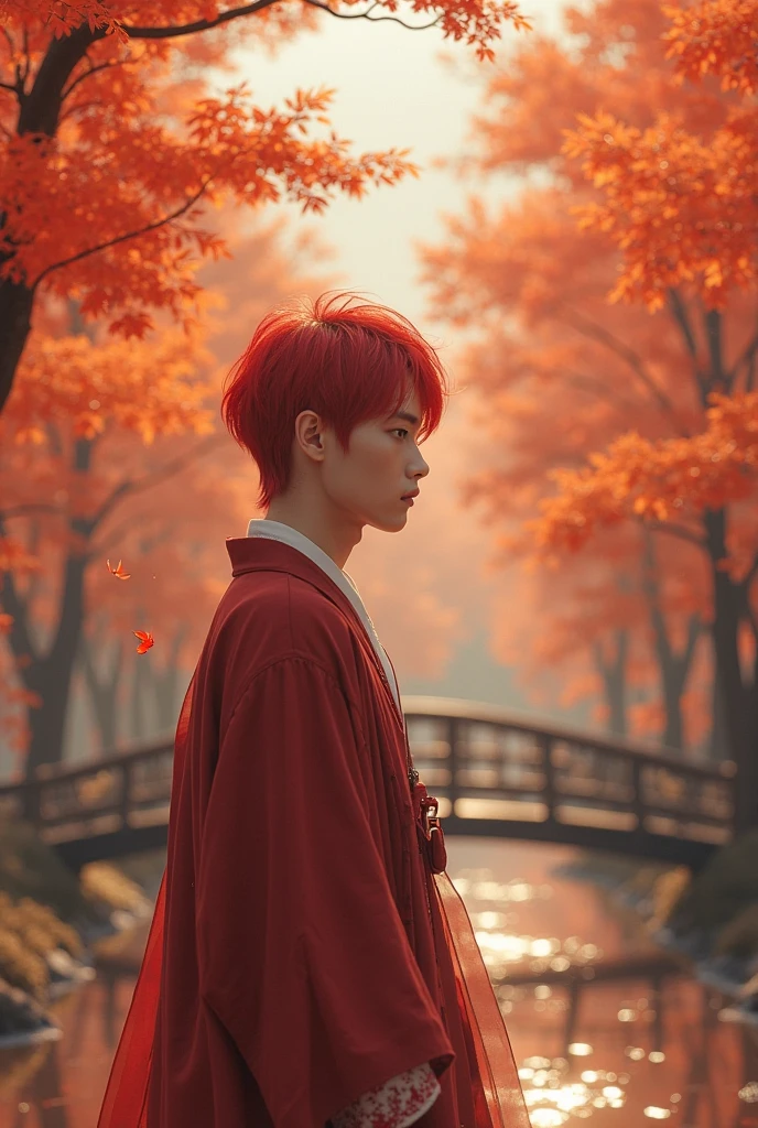 ((masterpiece, best quality)), modernn architecture, Official Art, Unity 8K壁纸, official outfit, Young handsome man , solitude, Perfect Face, Radiant Skin, Shining Student , red hair clips , In the daytime, The background is a flaming maple forest, maple leaves, River side, wood bridges, Aesthetic, (superior _body)