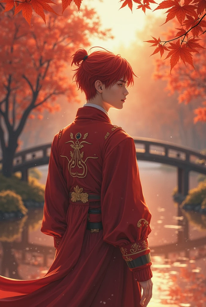 ((masterpiece, best quality)), modernn architecture, Official Art, Unity 8K壁纸, official outfit, Young handsome man , solitude, Perfect Face, Radiant Skin, Shining Student , red hair clips , In the daytime, The background is a flaming maple forest, maple leaves, River side, wood bridges, Aesthetic, (superior _body)