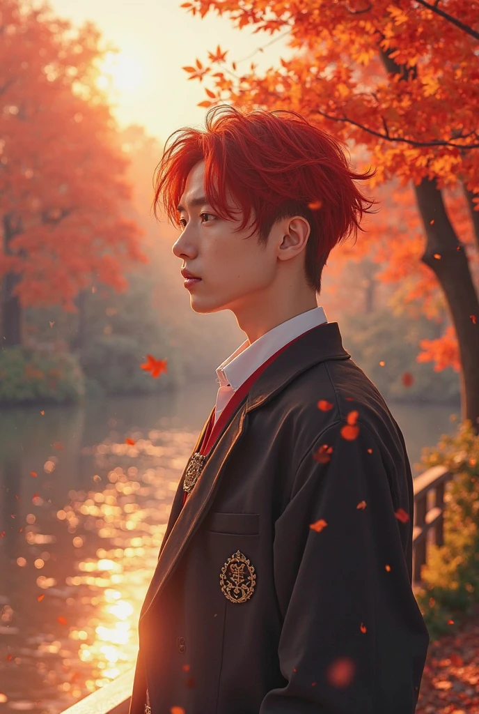 ((masterpiece, best quality)), modernn architecture, Official Art, Unity 8K壁纸, official outfit, Young handsome man , solitude, Perfect Face, Radiant Skin, Shining Student , red hair clips , In the daytime, The background is a flaming maple forest, maple leaves, River side, wood bridges, Aesthetic, (superior _body)