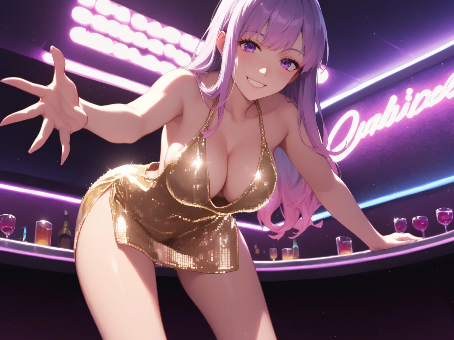 score_9, score_8_up, score_7_up, best quality, masterpiece, anime screenshot, anime coloring, nikki1, long hair, pink-purple gradient hair, purple eyes, bangs, solo, disco dress, miniskirt, front view, cleavage, leaning forward, miniskirt, night, one hand on hair, thighs, looking at the audience, thigh gap, smile, miniskirt, backlighting, reaching out to the audience, from below, panty shot, nightclub, neon lights, smile