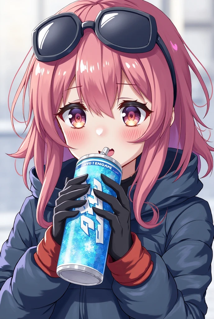 of anime girls,wearing a mask and gloves on her face, from Girl Front, anya 来自 spy x family, The impact of Ayaka Genshin, Girl Front style, I'll draw a fan too, Anime visual image of a cute girl, Anime girl drinking energy drink, anime moe art style, as cold as ice! 🧊, Kantai Series Style , mao, fine details. Girl Front