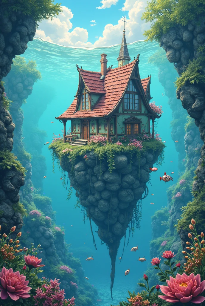 colours (fanciful: 1.2), (In Studio Ghibli style), (Irregular architecture floating on the sea), Patchwork cottage, floral decorations, optic, Andreas Rocha style conceptual art, Artstation Contest Winning Entries , fanciful art, (an underwater city), Chen Luo, optic Beam, Realistic opticing, masterpiece, high high quality, beautiful graphics , High detail , masterpiece, high high quality, beautiful graphics , High detail ,
