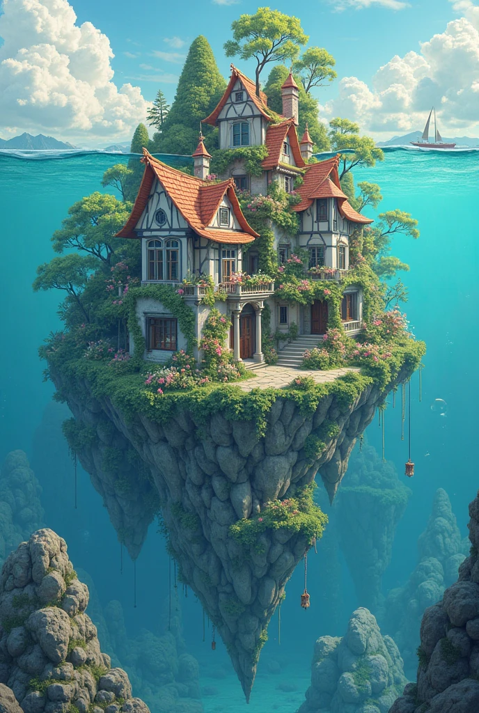 colours (fanciful: 1.2), (In Studio Ghibli style), (Irregular architecture floating on the sea), Patchwork cottage, floral decorations, optic, Andreas Rocha style conceptual art, Artstation Contest Winning Entries , fanciful art, (an underwater city), Chen Luo, optic Beam, Realistic opticing, masterpiece, high high quality, beautiful graphics , High detail , masterpiece, high high quality, beautiful graphics , High detail ,