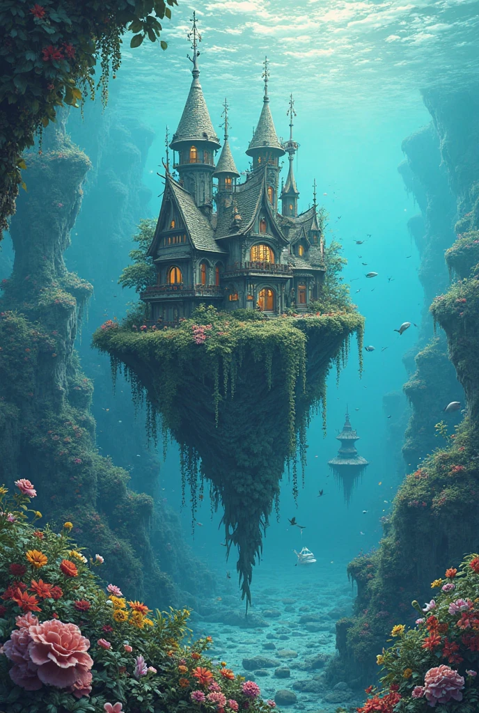 colours (fanciful: 1.2), (In Studio Ghibli style), (Irregular architecture floating on the sea), Patchwork cottage, floral decorations, optic, Andreas Rocha style conceptual art, Artstation Contest Winning Entries , fanciful art, (an underwater city), Chen Luo, optic Beam, Realistic opticing, masterpiece, high high quality, beautiful graphics , High detail , masterpiece, high high quality, beautiful graphics , High detail ,