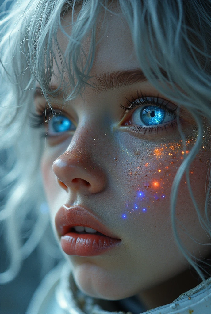 (Close-up of a masterpiece:1.5)0.9]，(Space and astronauts:1.2) (Messy silver hair:1.1) (Heterochromia yellow blue eyes:1.2) (Casque spatial:1.0) (Colorful stars in the eyes:1.0) (Dazzling light:1.1) (Thick lip:0.9)