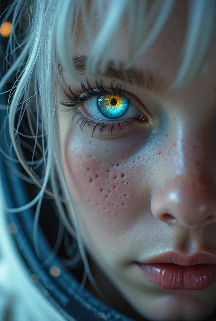 (Close-up of a masterpiece:1.5)0.9]，(Space and astronauts:1.2) (Messy silver hair:1.1) (Heterochromia yellow blue eyes:1.2) (Casque spatial:1.0) (Colorful stars in the eyes:1.0) (Dazzling light:1.1) (Thick lip:0.9)