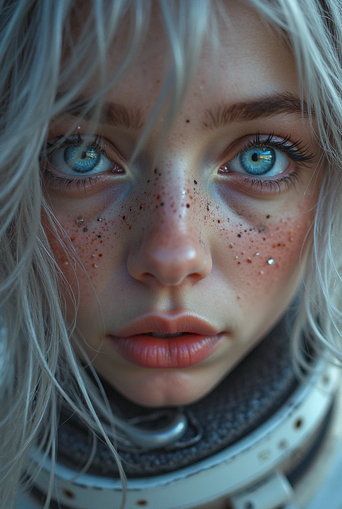 (Close-up of a masterpiece:1.5)0.9]，(Space and astronauts:1.2) (Messy silver hair:1.1) (Heterochromia yellow blue eyes:1.2) (Casque spatial:1.0) (Colorful stars in the eyes:1.0) (Dazzling light:1.1) (Thick lip:0.9)
